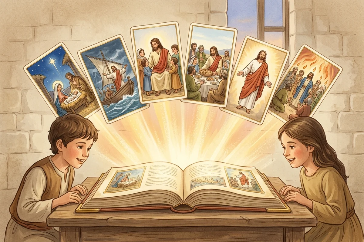 Un álbum abierto del que salen cartas ilustradas con escenas de la vida de Jesús